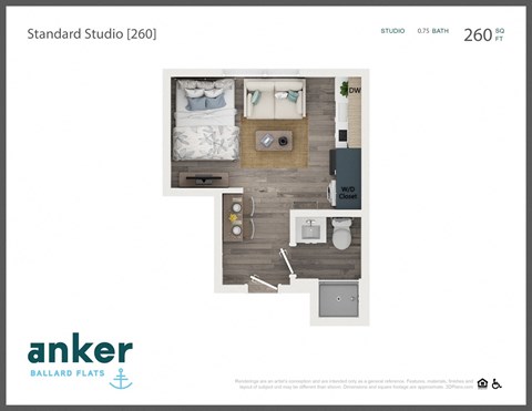 Floor plan for studio, 1 bath, 260 sqft